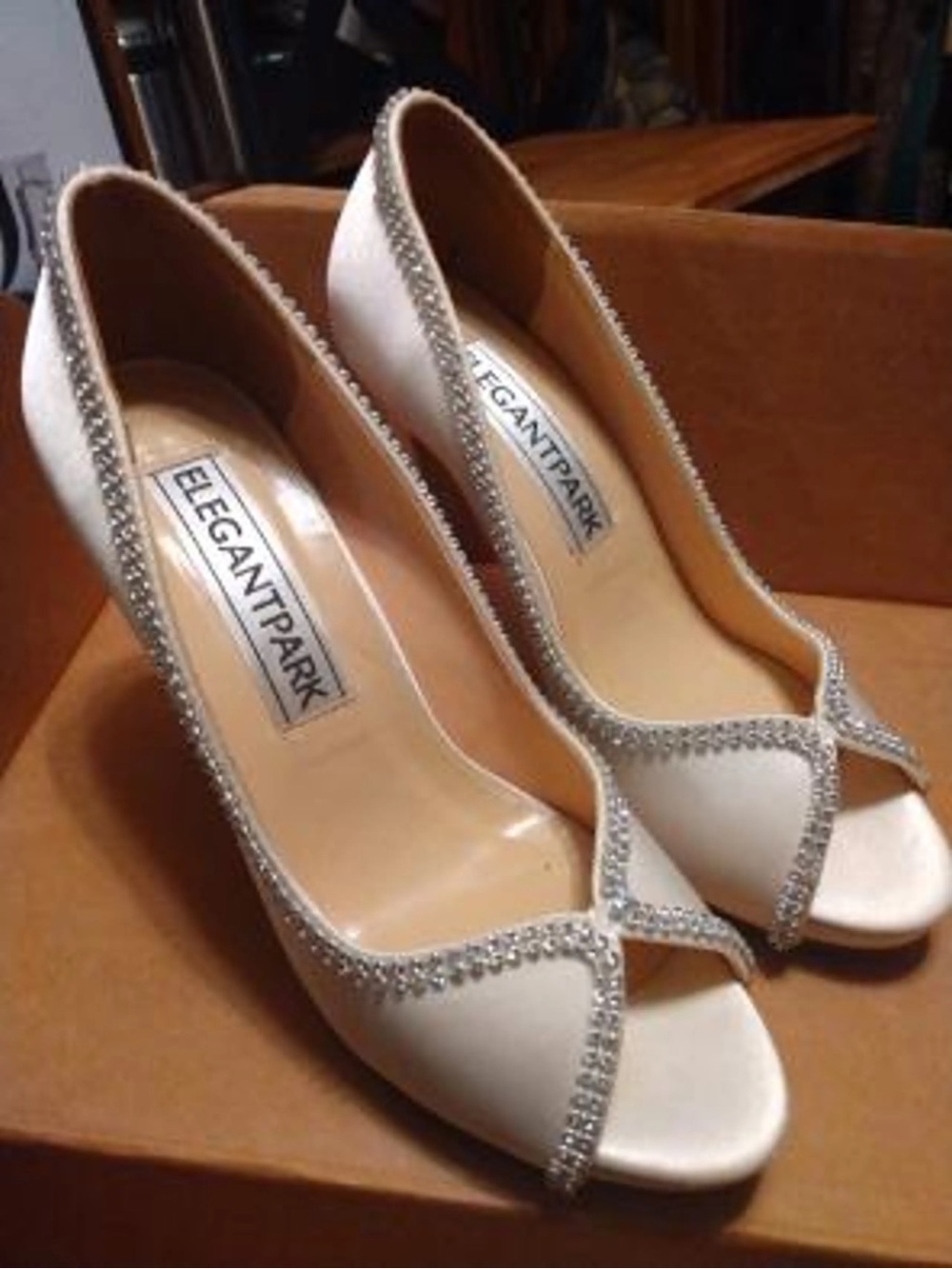 ElegantPark Women’s Ivory Peep-Toe High Heel Pump with Rhinestone Trim Size 9